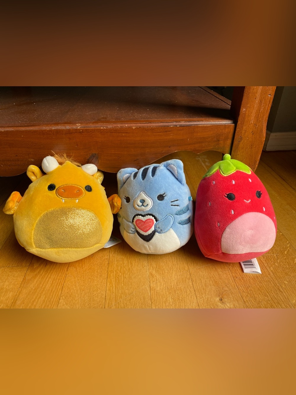 Squishmallows Trio: Yellow Ox, Blue Cat with sushi & Red Strawberry Plush
